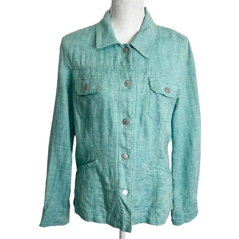 J. Jill 100% Linen Trucker Jacket‎ Women's S Tall Turquoise Blue Snap Closure